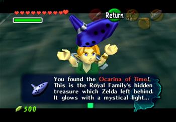 Link obtaining the Ocarina of Time in the moat of Hyrule Castle