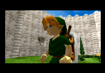 Link standing in the Castle Courtyard meeting with Princess Zelda
